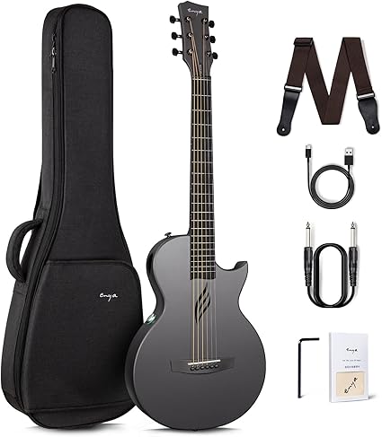 Enya NOVA Go SP1 Carbon Fiber Acoustic Electric Guitar with Smart AcousticPlus 35 Inch Travel Acustica Guitarra Starter Bundle Kit of Gig Bag, Strap, Strings, Charging Cable, Instrument Cable(Black)